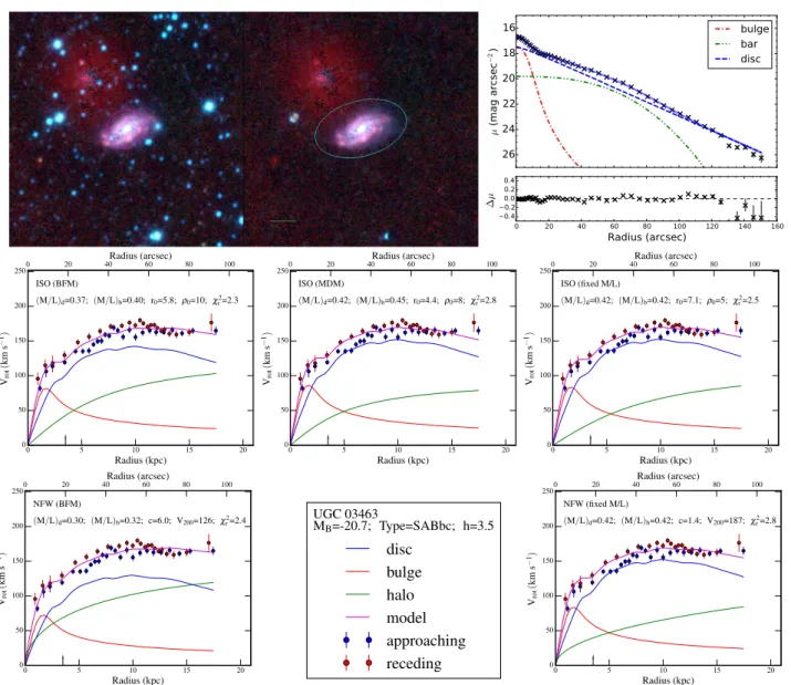 Figure 5. Example of surface brightness profile decomposition and mass models for the galaxy UGC 3463