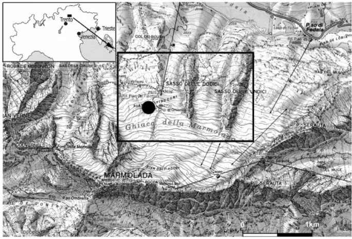 Fig. 1. Location map of the study area, on the northern slope of the Marmolada, Western Dolomites, Italy