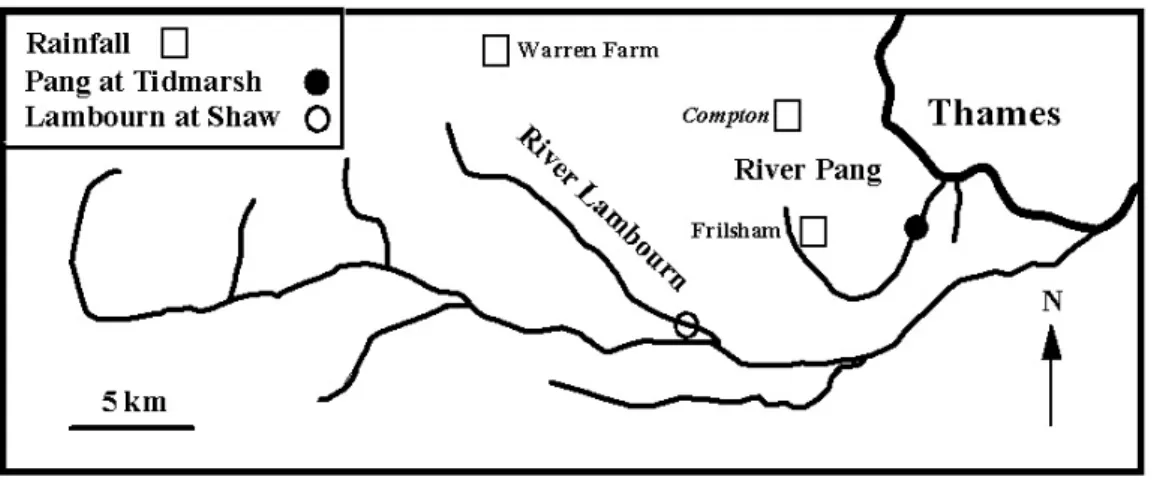Fig. 1. Location map. The rainfall sites monitored in this study are at Warren Farm and at Frilsham