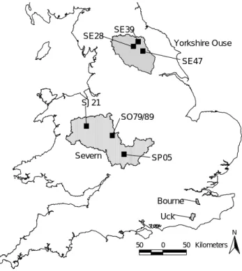 Fig. 1. Location of the study catchments and the representative 10 km × 10 km blocks chosen to represent the Severn and Yorkshire Ouse catchments