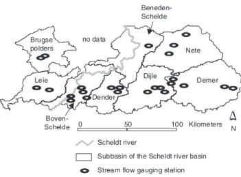 Fig. 2. Location of the 25 study catchments over the eight Scheldt river subbasins