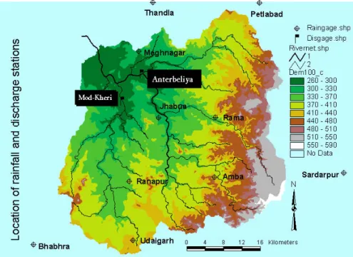 Figure 1: Map view of the Anas catchment including the locations of the ten rain gauges
