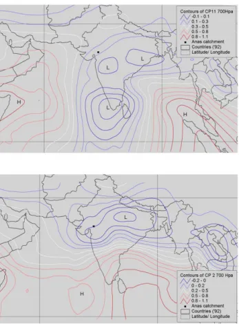 Figure 5. Spatial distribution of 500hPa geo-potential height anomalies for the wet CP 4 (upper  panel) and the dry CP 9 (lower panel), high values are shown in solid dark red lines while low  pressure anomalies in solid blue lines