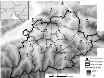 Fig. 1. Topography and snow observation stations (with indication of elevation) in the study area Kitzbueheler Region, Province of Tyrol, Austrian Alps.