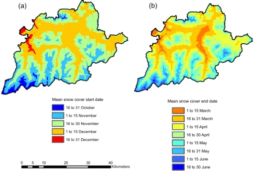 Fig. 5. Interpolated raster datasets (resolution 250 m × 250 m) mean snow cover start date (SCOV6190 S) (a) and mean snow cover end date (SCOV6190 E) (b) for the World Meteorological Organization’s climate normal period from 1961 to 1990.