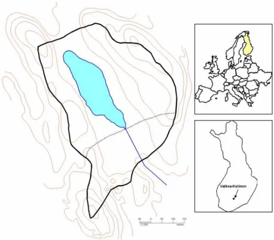 Fig. 1. Maps showing the Valkea-Kotinen catchment and its location in Europe. The dark solid line is the catchment boundary while the narrow dotted line represents the boundary between the sub-catchments