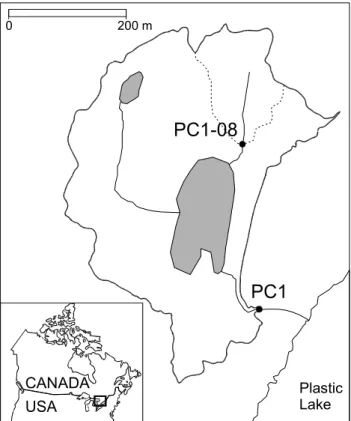 Fig. 1. Map of Plastic Lake gauged catchment No. 1 (PC1, 23.3 ha) showing the gauged sub-catchment (PC1-08, 3.5 ha; broken line) and wetland areas (principal swamp is 2.2 ha; grey)