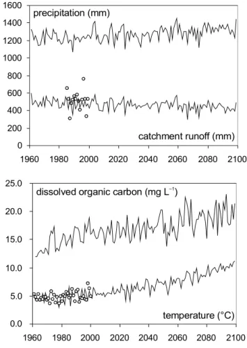 Fig. 3. Annual precipitation and runoff volume (mm: upper panel);