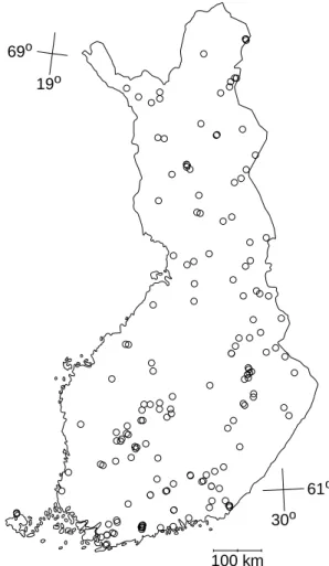 Fig. 1. Location of the 163 Finnish lake acidification monitoring network (RLMA) catchments used in this study (see Table 1 on catchment characteristics, lake-specific climate variables and  aver-age lake chemistry).