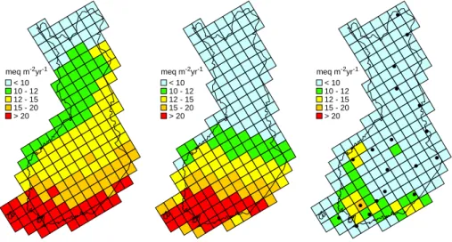 Fig. 3. Average annual deposition of sulphate (left), oxidised nitrogen (centre) and reduced nitrogen (right) in the year 2000 on the EMEP50 grid (Note: 1 meq equals 16 mg of S or 14 mg of N)