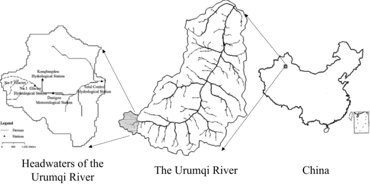 Fig. 4. The Urumqi River and its headwaters area.
