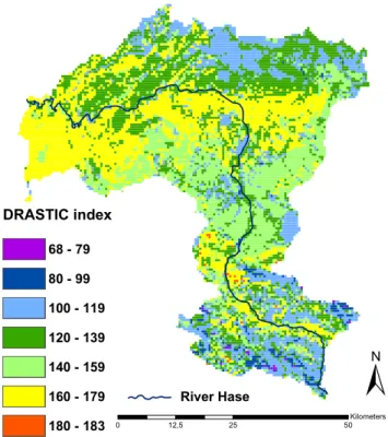 Fig. 3. DRASTIC index in the Hase river catchment.