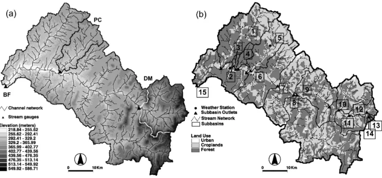 Fig. 1. Model representation of catchment topography and land cover. (a) TIN model including stream network and gauging stations for Baron Fork (BF, outer basin), Peacheater Creek (PC, black inner basin), and Dutch Mills (DM, white inner basin)