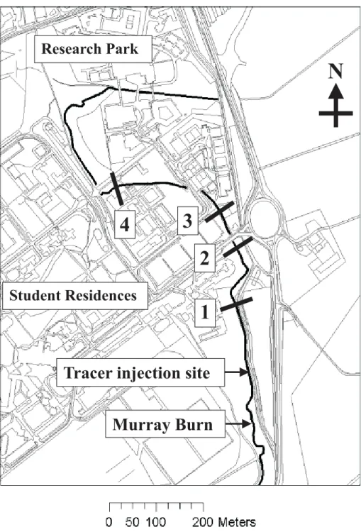 Fig. 1. Map of Murray Burn passing through Heriot-Watt University Campus: cross-sections where tracer data was collected are labelled 1–4;