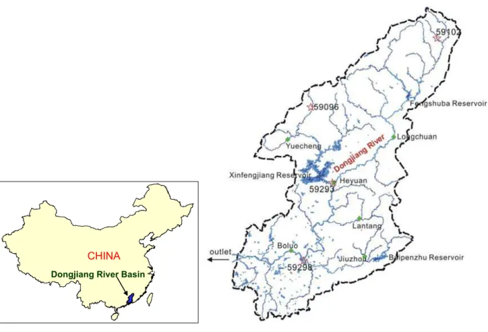 Fig. 1. Location of the study area (left) and locations of gauging stations (right). (Note: the star symbols denote meteorological stations, and the diamond symbols denote hydrological stations).