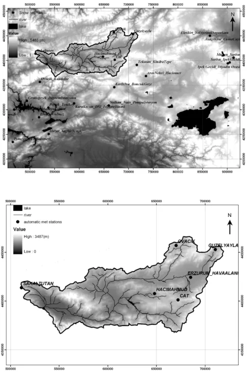 Fig. 2. (a)Snow courses on the topograpic map of Karasu Basin and the surrounding area, (b) AWOS locations on the DEM of Karasu Basin.