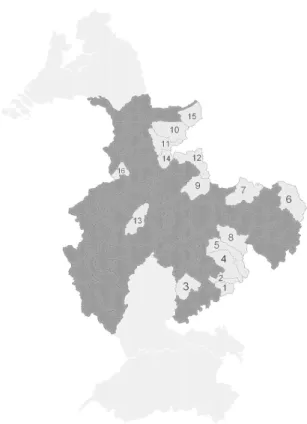 Fig. 5. Locations of the 16 selected catchments of the Rhine catch- catch-ment.