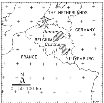 Fig. 1. Location map of the Demer and Ourthe catchments in Bel- Bel-gium; grid points (+) of EPS archives corresponding to the T255 NWP in use from November 2000 to January 2006 at ECMWF.