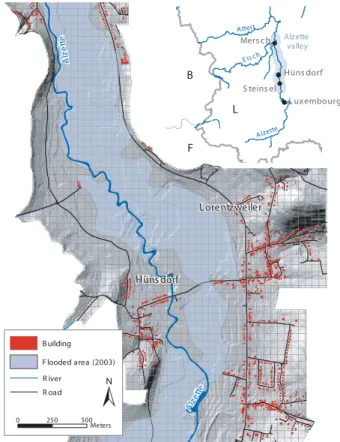 Fig. 2. The study area. The Alzette River and adjacent buildings superimposed upon a 50 m resolution DEM of the floodplain.