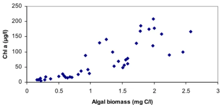 Fig. 5. Relationship between Chl a concentrations and algal biomass of water samples from the river Elbe in 1997.