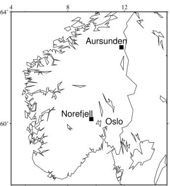 Fig. 1. Locations of snow monitoring campaigns at Norefjell and Aursunden, Southern Norway.