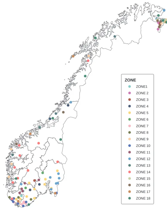 Fig. 4. Location of lakes within each of 18 coherent subsets or clusters of lakes with similar SO 4 2-  concentration.
