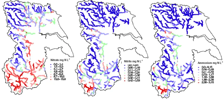 Fig. 3. Nitrate, nitrite and ammonium concentration variations across the Humber rivers.