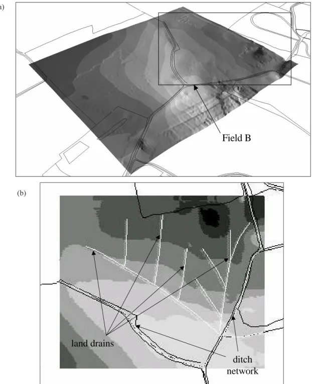 Fig. 7. Field B (a) 3D map (b) Digital terrain map with land drains marked