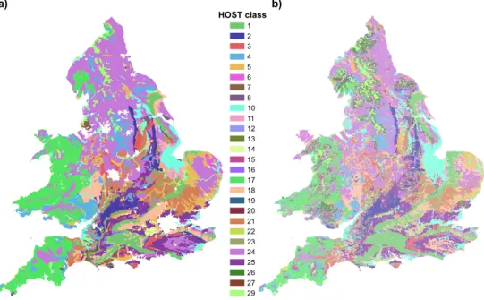 Fig. 1. Coverage of dominant HOST classes in England and Wales (a) as reclassified from the Soil Geographical Database of Europe (SGDBE) and (b) in comparison to the original HOST map
