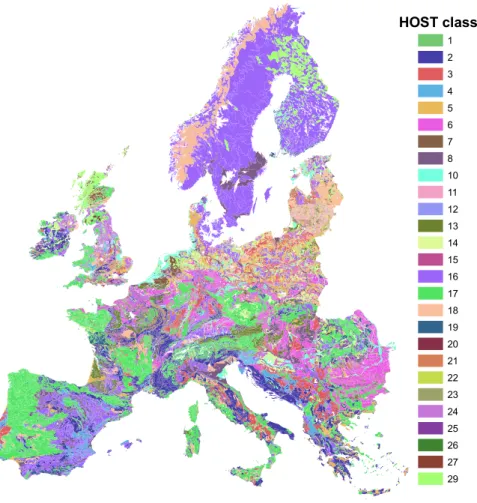 Fig. 2. Soil Geographical Database of Europe (SGDBE) reclassified into HOST classes. Colours for each HOST class are identical to Fig