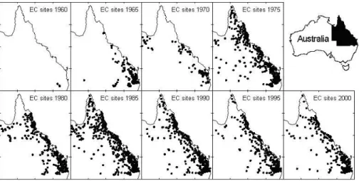 Fig. 3. Distribution of EC samples stored in the NRW database representing Queensland, over the 40 year period from 1960 to 2000.