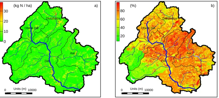 Fig. 11. Simulated average annual nitrate leaching through lateral flow (kg N ha −1 ) for 2000 to 2004 (left)