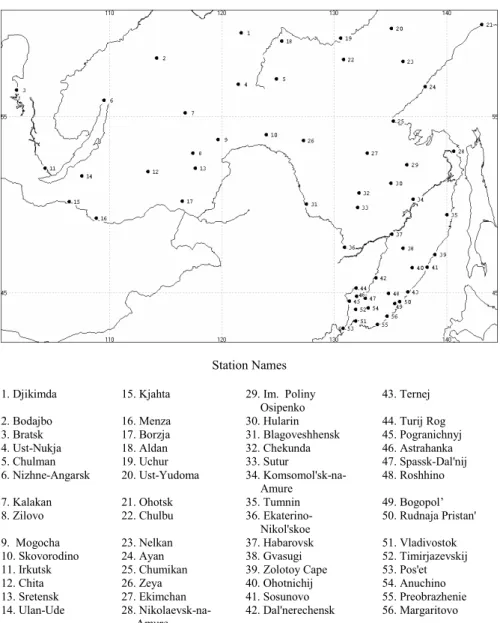 Fig. 1. The locations of 56 stations where temperature and precipitation was measured over Eastern Siberia and the Far East from 1949 to 2003.