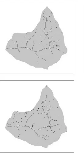 Fig. 7. Comparison of uncertainty bounds for the SHETRAN landslide simulation (upper diagrams) with the 1956-2001 map of observed debris flows (lower diagram) in the Ijuez catchment