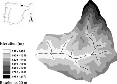 Fig. 1. Ijuez catchment map (showing elevation and channel network) and location map.