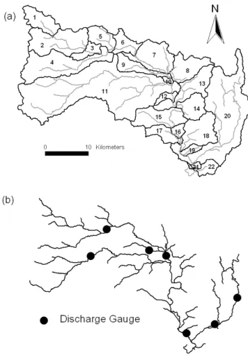 Fig. 1. (a) The reach network used to in the application of INCA-P to the River Lugg and (b) the location of the discharge gauging stations.