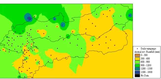 Fig. 3. Long term mean rainfall (19611990) generated from surface Interpolation by Inverse Distance Weighting: