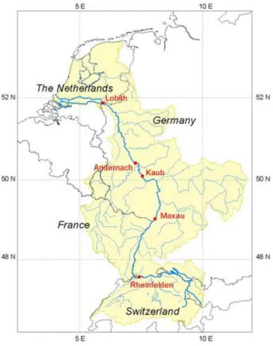 Fig. 1. Basin of the river Rhine, with the locations of five gauging stations.