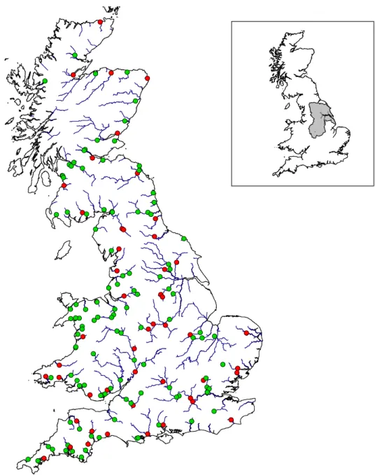 Fig. 1. Water quality monitoring sites used within the study; regression analysis sites (red), test sites (green)