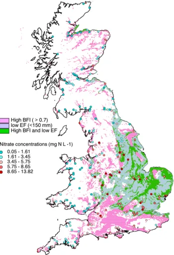 Fig. 6. Areas of high BFI and low EF overlain by observed mean HMN nitrate concentrations(a)                                                                                  (b)#S#S#S#S #S#S#S#S #S#S #S#S#S#S#S#S#S#S#S#S#S #S#S##SS#S#S#S#S#S#S#S#S#S#S#S#S#