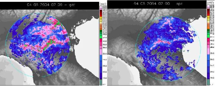 Fig. 4. 4 May 2004; ZLR maps for the GAT (a) and the SPC radars (b).
