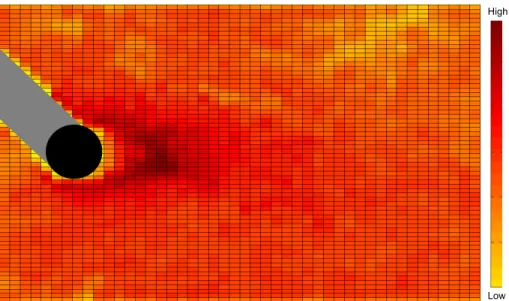 Fig. 6. Amplitude of velocity uctuations in an horizontal plane 2 cm above the bed (Re=42000)