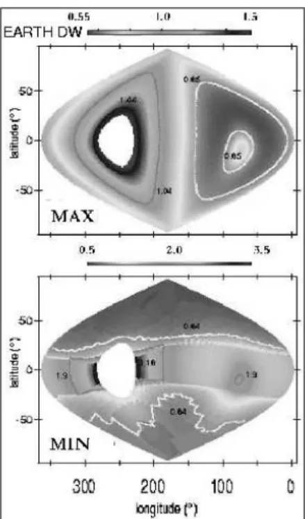 Fig. 2 Calculated full sky maps in ecliptic coor- coor-dinates of the 0.65 keV O VIII line for solar  max-imum (upper panel) and solar minmax-imum (lower panel) conditions