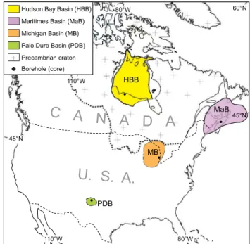 Fig.  3. Paleozoic  basins  of  North  America.  Halite  was  retrieved  from  cores  spanning  the  upper  Ordovician  (Red  Head  Rapids  Formation,  Hudson  Bay  Basin,  Canada;  Davies,  2018),  the  upper  Silurian  (Salina  A2  and  B  units,  Michig