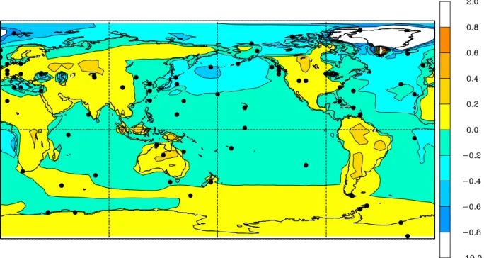 Figure 7. Surface CO 2 concentration annual mean differences (ppm) associated with a +0.1 ppm bias in the X CO
