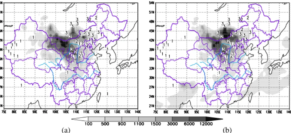 Fig. 4. Comparison of simulated dust concentration distribution (20 March 2002, 03:00 UTC) (a: result from the original DOFS; b: result from our scheme; 1,2,3 represent actual floating dust, blowing sand and dust storm, respectively; simulated dust concent