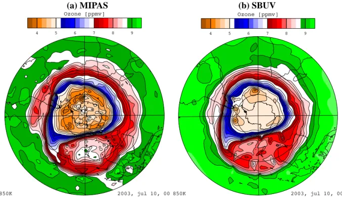 Fig. 2. Southern hemisphere, isentropic fields of ozone, on the 850 K surface, for 10 July 2003