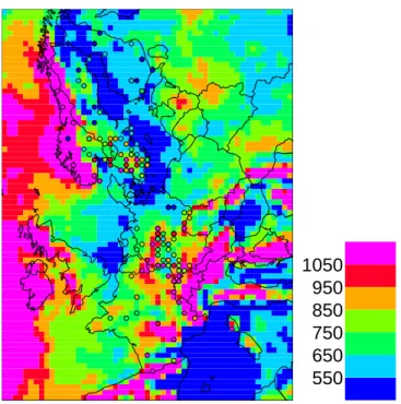 Fig. 4. Yearly accumulated precipitation, mm yr −1 . EMEP mod- mod-elled precipitation vs