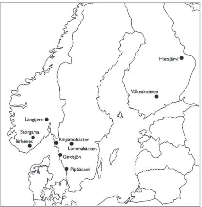 Fig. 1. Map of southern Scandinavia showing locations of the nine calibrated catchments.