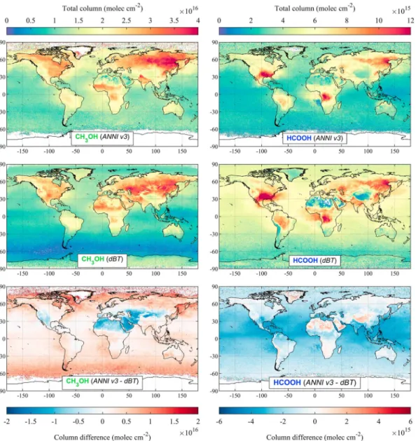 Figure 8. Comparison between the ANNI-CH 3 OH and ANNI-HCOOH products, and the global distributions obtained from IASI with retrieval methods based on dBT (Razavi et al., 2011, for CH 3 OH and Pommier et al., 2016, for HCOOH), over the boreal summer (June–